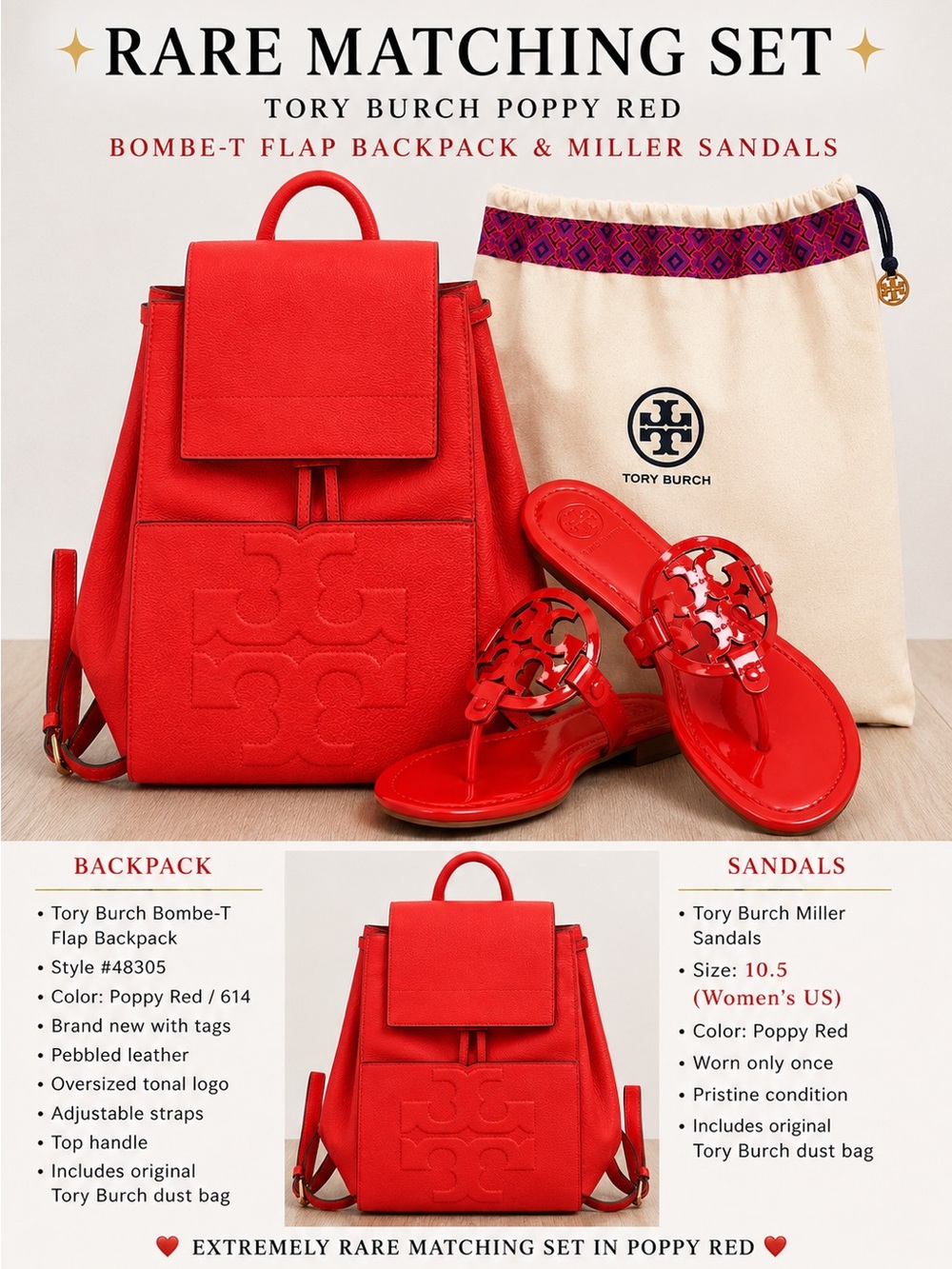 RARE Tory Burch Poppy Red Bombe-T Backpack + Miller Sandals 10.5 Set